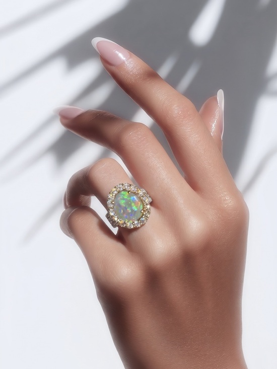 Jewelry - Australian Opal Halo Diamond Ring in White and yellow gold